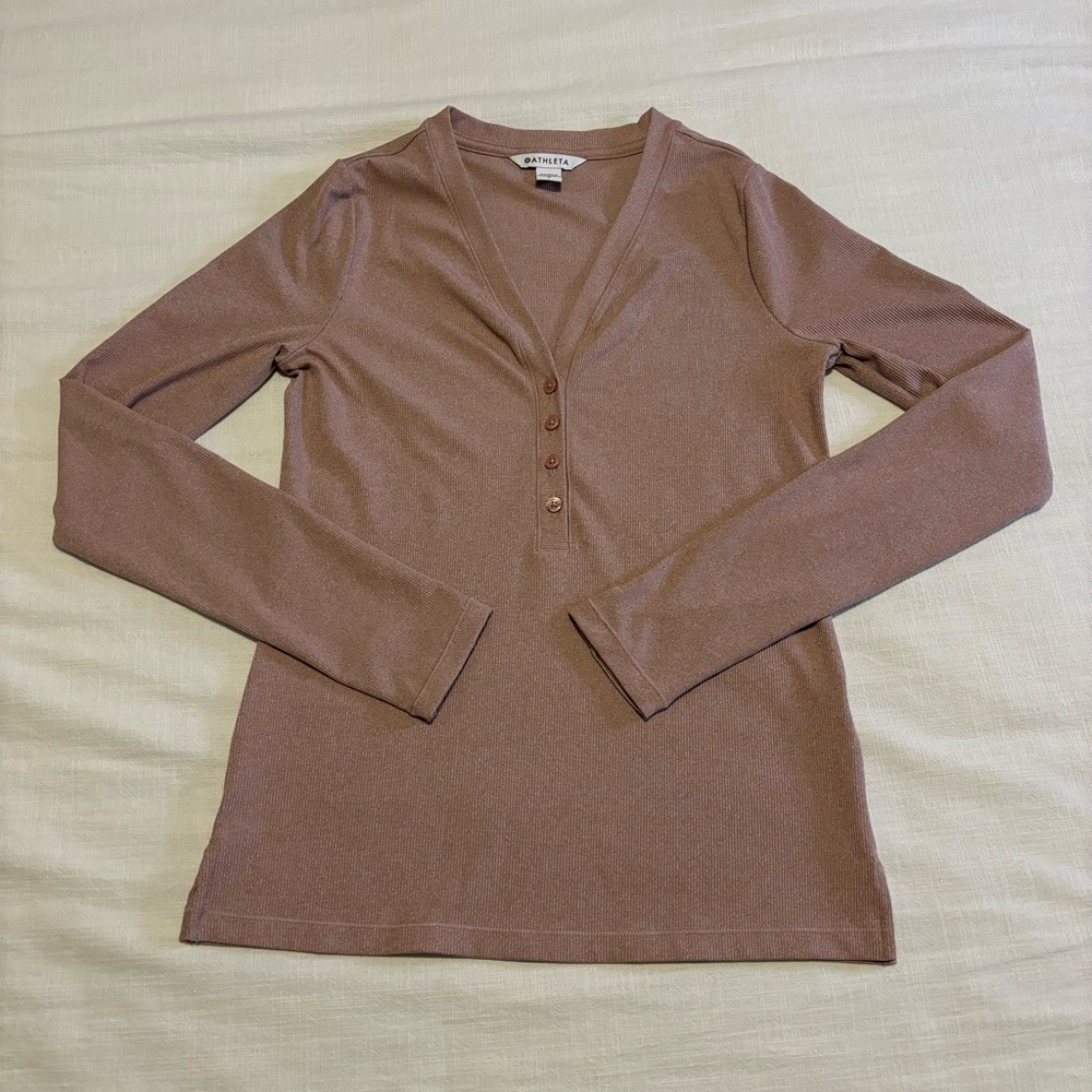 Athleta Long Sleeve Henley Top in Mauve Brown